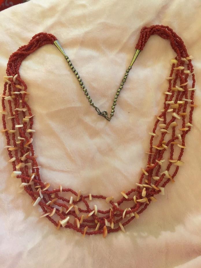 Native American red coral multi strand necklace and sterling silver clasps