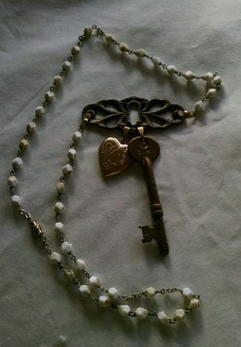 Altered Art Necklace Vintage Locket Key hole Salvage Rosary FREE SHIP Heart