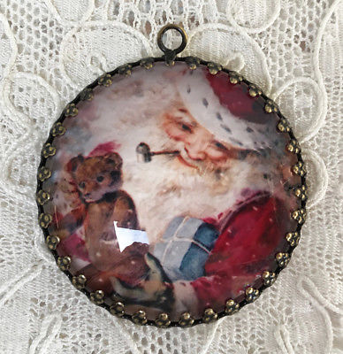 VICTORIAN SANTA w/ TEDDY BEAR ~ XL ROUND Glass Dome PENDANT FilIGREE Christmas