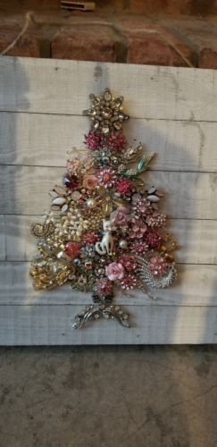 Vintage jewelry Framed Christmas Tree Altered Art Shabby Pinks