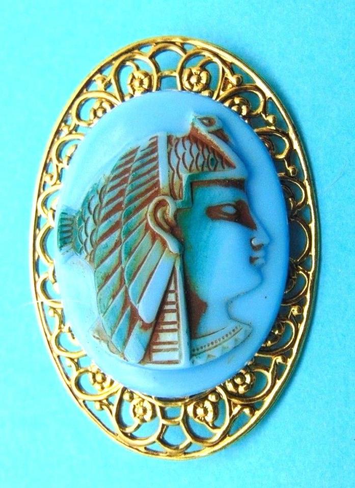 Vintage Nefertiti Pin Egyptian Glass Cameo Brooch Queen Pharaoh Nefertari  j1