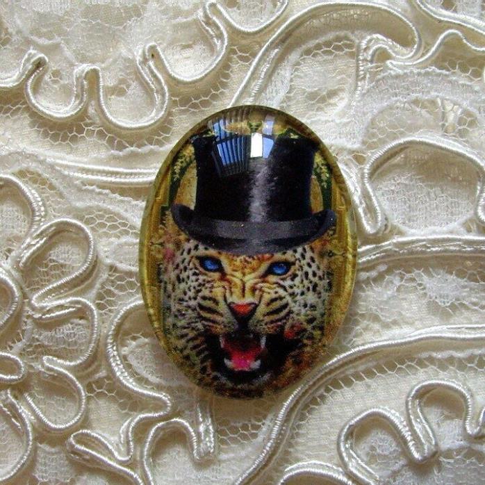 Tiger In Top Hat 30X40mm Glitter Unset Handmade Glass Art Bubble Cameo Cabchon