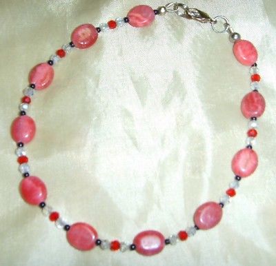 Handcrafted 25cm (10 inches) Rhodochrosite / crystal ankle bracelet anklet