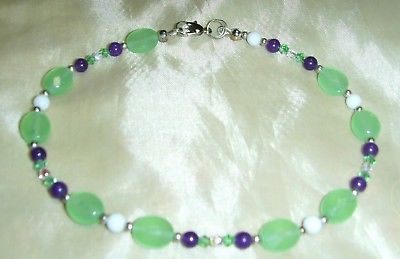 Handcrafted Green Chalcedony, purple jade, crystal anklet ankle bracelet (10 in.