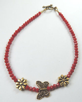 anklet  Red Crystal  with BUTTERFLY & Flowers