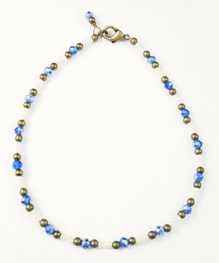 Beaded Anklet/Ankle Bracelet~Antique Bronze, Blue & Cream