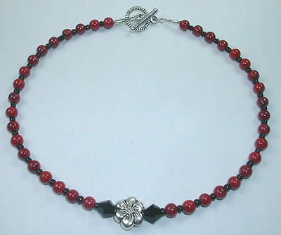 Anklet with Red & Black Beads & Flower