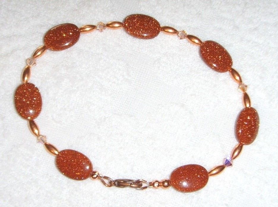 Handcrafted copper / goldstone/ peach AB crystal anklet ankle bracelet (9 inches
