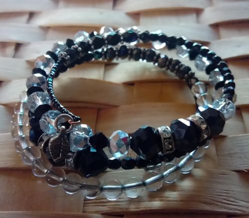 Memory wire bracelet, black, grey & clear beads, 4 wraps, fits all, handmade USA
