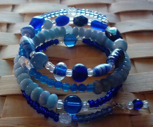 Memory wire bracelet, shades of blue beads, 4 wraps, fits all, handmade USA