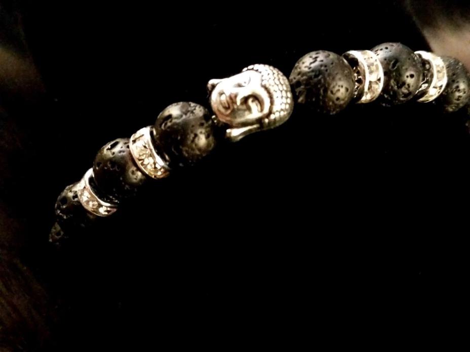 Buddha Black Lava Stone Silver Swarovski Crystal Bracelet 6-9 inch Healing