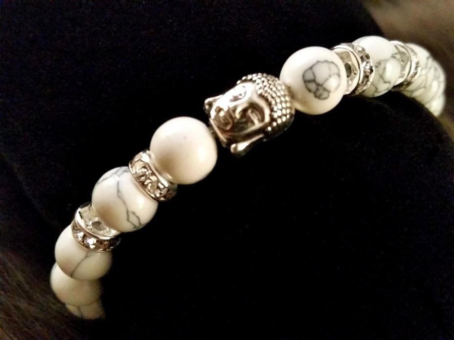 Buddha White Howlite Stone Silver Swarovski Crystal Bracelet 6-9 inch Healing