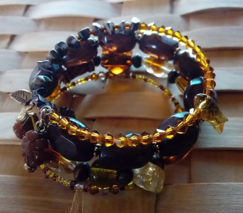 Memory wire bracelet, amber & brown beads, 4 wraps, fits all, handmade USA