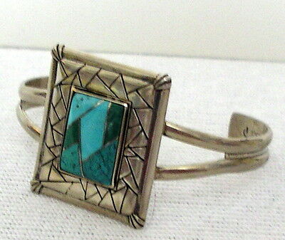 Southwest Spirit Sterling Silver inlaid Turquoise Cuff Bracelet 925 signed
