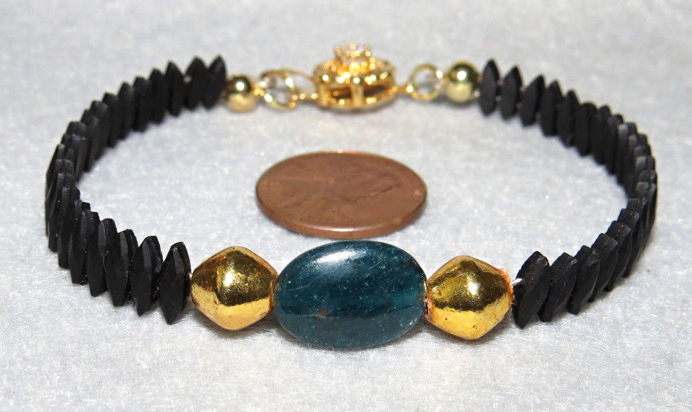 1920s Black Glass Bracelet Beads Ethiopian Wello Opal 22K Gold on Sterling Ooak