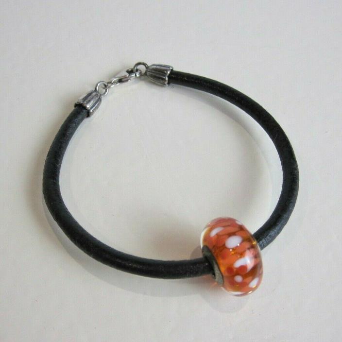 Pandora Black Leather Bracelet w/ Orange Murano Glass Bead, Marked 7.5 Length