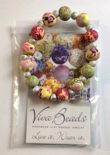 Viva Beads Colorful Stretch Clay Bead Bracelet Flowers NEW