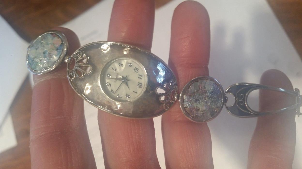 Israel bracelet quartz watch .925 sterling silver Artisan roman glass mother pea