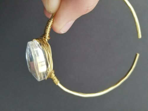 Sold Brass Handmade Adjustable Bracelet Gold Colored Wire Wrapped Stone