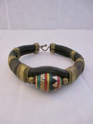 Vintage Leather Corded Bracelet Bead Top Braided Brass Wire Mexico Ethnic Unisex