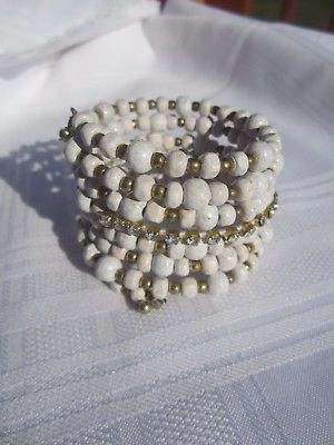 White Beaded Memory Wire Wrap Bracelet