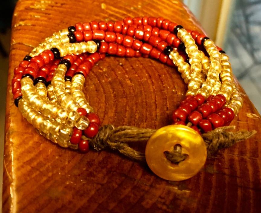 Southwestern Seed Bead Handmade 8 Strand Wrap Bracelet Waxed Hemp Cord 7” wrist