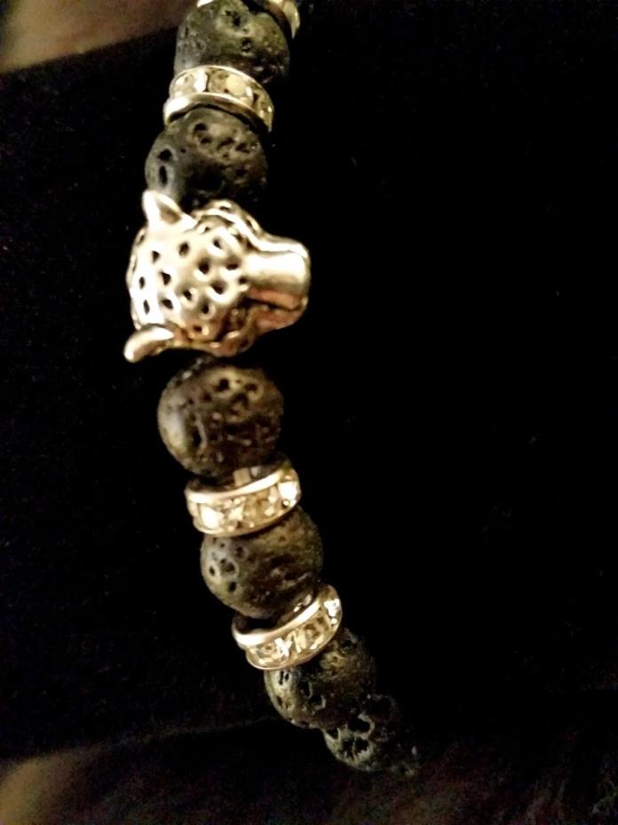 Leopard Black Lava Stone Silver Swarovski Crystal Bracelet 6-9 inch Healing