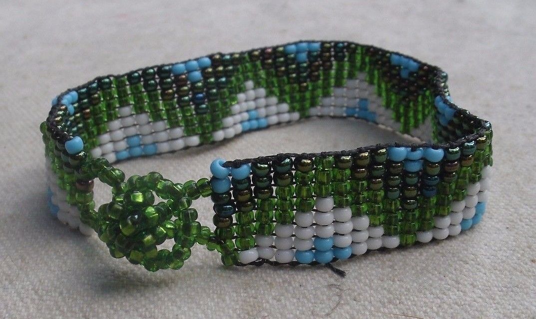 Handmade woven seed bead bracelet,southwest design,unisex,blue/green/white band