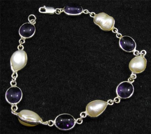 .925 Sterling Silver Amethyst Baroque Freshwater Pearl Gemstone Bracelet 8 3/4