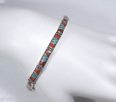 Multicolor & Fire Opal Stones Inlay 925 Sterling Silver Tennis Bracelet 7-7.5''