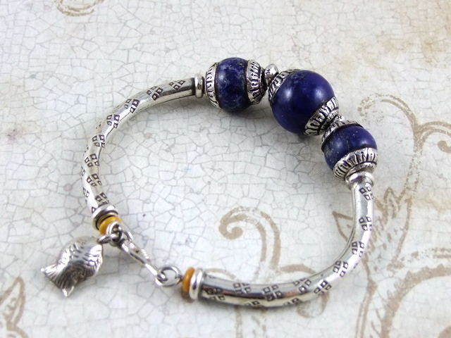 Handmade Thai Sterling Silver With 3 PCS, Blue Lapis Beads Bracelet - 60mm.