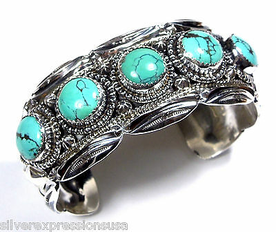 Handcrafted In USA- Men's Cuff Bracelet in Sterling Silver Natural Turquoise