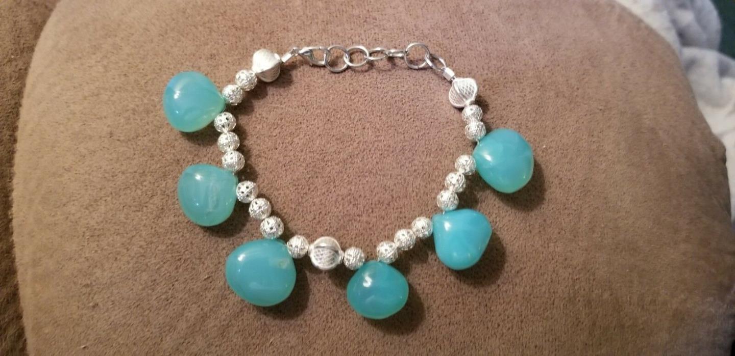 Calchedony, sky blue color, with silver plated beads bracelet