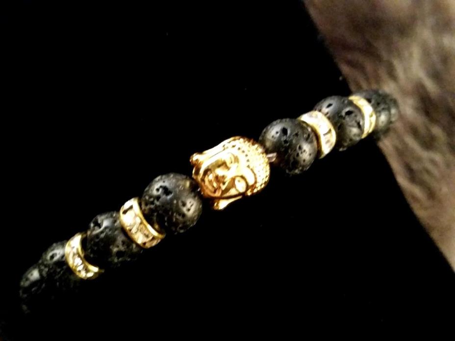 Buddha Black Lava Stone Gold Swarovski Crystal Bracelet 6-9 inch Healing