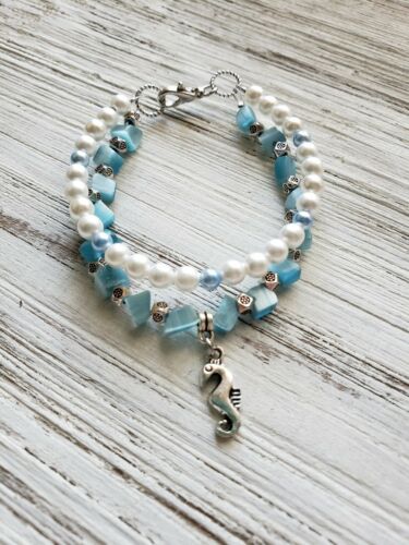 Sea Glass Chip  And Pearl Bracelet With Charm