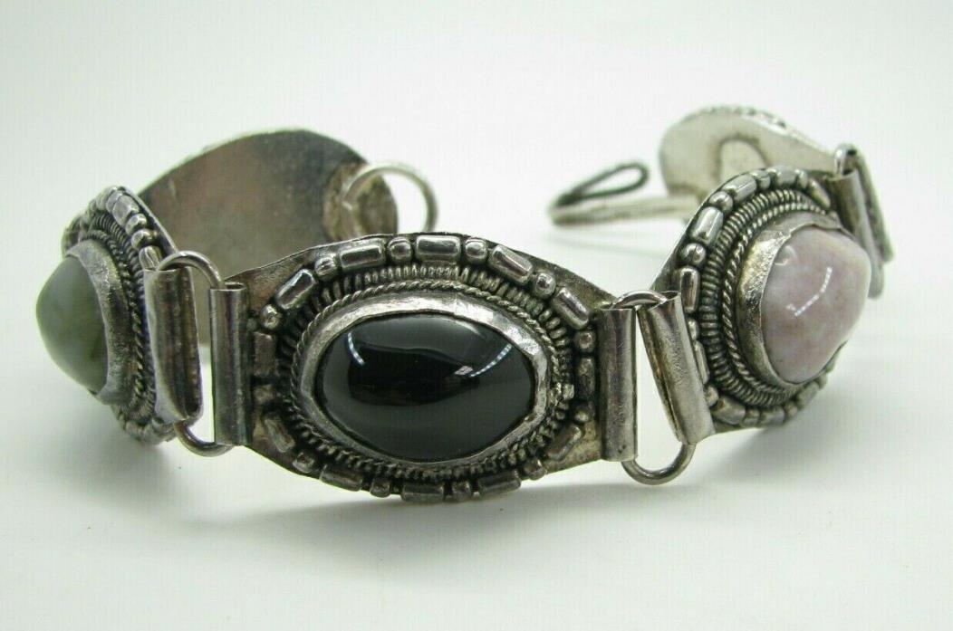 ARTISAN Hand-Crafted SILVER BRACELET Polished Rocks GEMSTONES Conchos PANELS