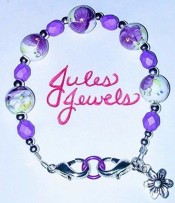 Porcelain Beads Lilac Purple Flowers Medical Alert ID Replacement Bracelet.