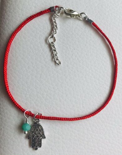 Hamsa Hand /aqua Bead /red Cord Bracelet