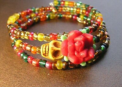 Day of the Dead Bracelet Wrap around Sugar Skull Yellow red flower Multi colors