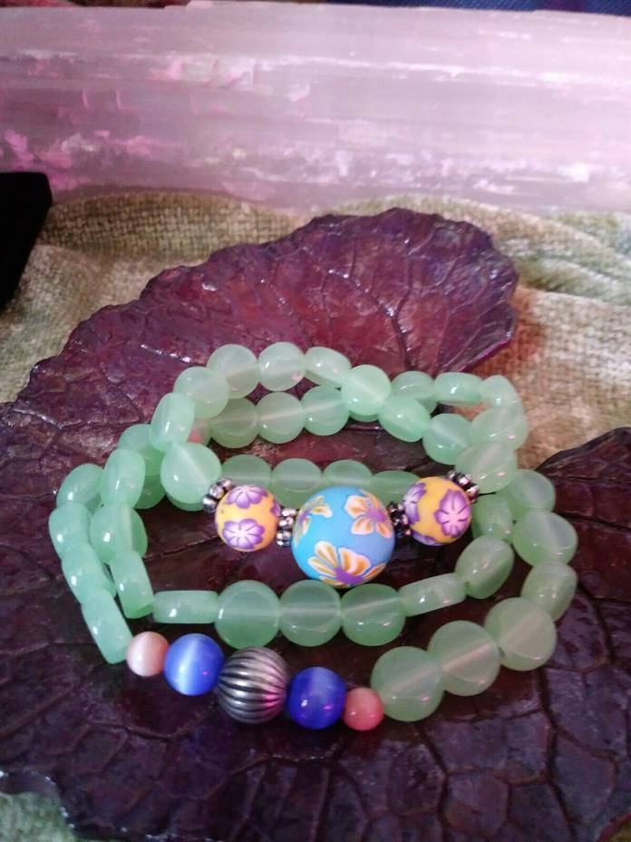 Jade Green Resin Bead Wrap Bracelet Flower Sphere Charms Gift