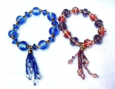 Lamp Work Glass Beads Bracelets 2 Blue Mauve Tassels Foil Bumpy Silver Plated