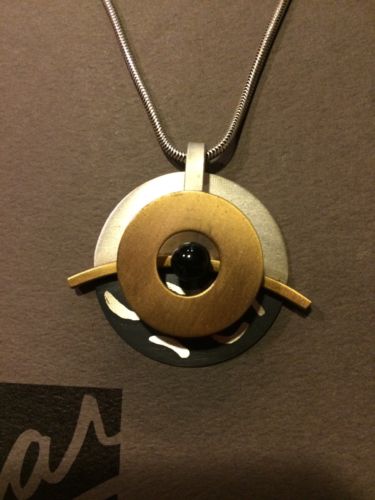 MAR OF SANTA BARBARA Round Circle Onyx  Pendant Necklace STERLING SILVER GOLD