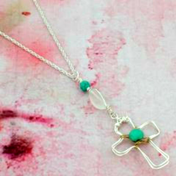 Necklace Silvertone and Turquoise Cross - Handcrafted