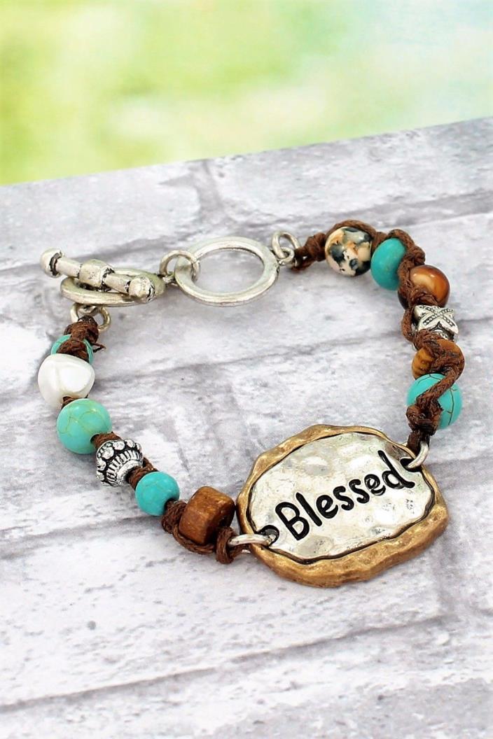 BRACELET CHRISTIAN GIFT BURNISHED TWO-TONE 'BLESSED' MULTI-BEAD TOGGLE