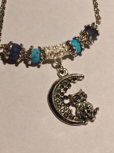 Owl On Moon Charm Necklace With Sodalite Stone Beads