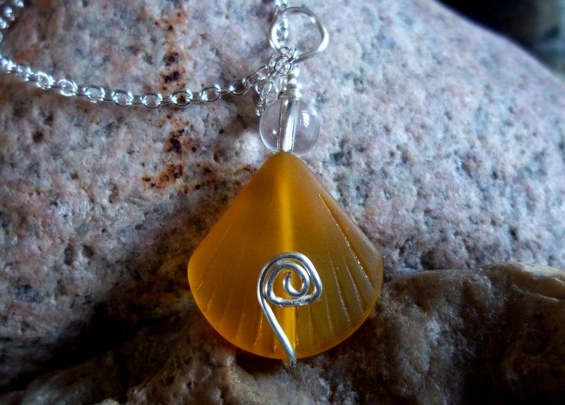 Wire Wrapped ORANGE SEA SHELL pendant 16 inch sterling silver chain