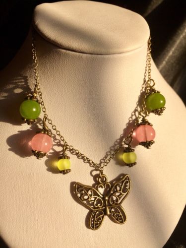 Butterfly Bronze Charm Necklace w. Peridot , Frosted Glass And Jade Style Beads