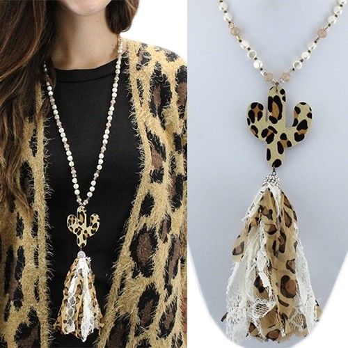 Western Long Crystal Beaded Faux Hide Leopard Print Cactus Tassel Necklace 32