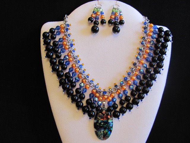 Black Onyx Dichroic Glass Statement NECKLACE & EARRINGS black blue orange green