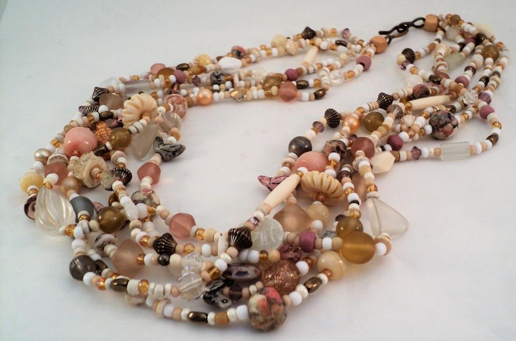 Vtg 6Strand Pastel Bead Bib Necklace Handcrafted Clay Glass Crystal Stone Metal